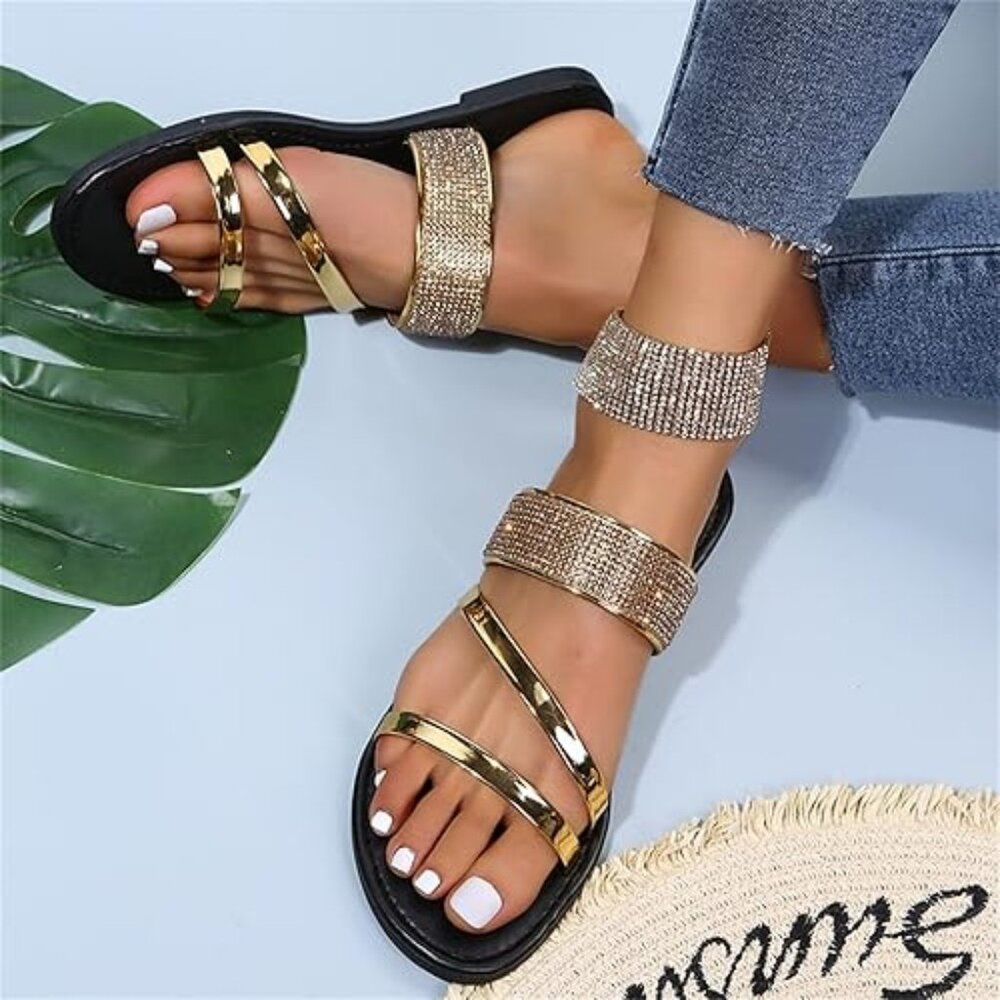 Golden Rhinestone Flat Sandals – Trendy 2-Strap Gladiator Slides for Women